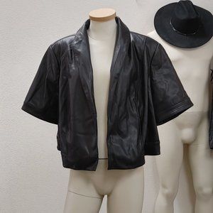 Isaac Mizrahi Mizrahilive! black  Faux Leather Cropped Jacket Short Sleeves S 24